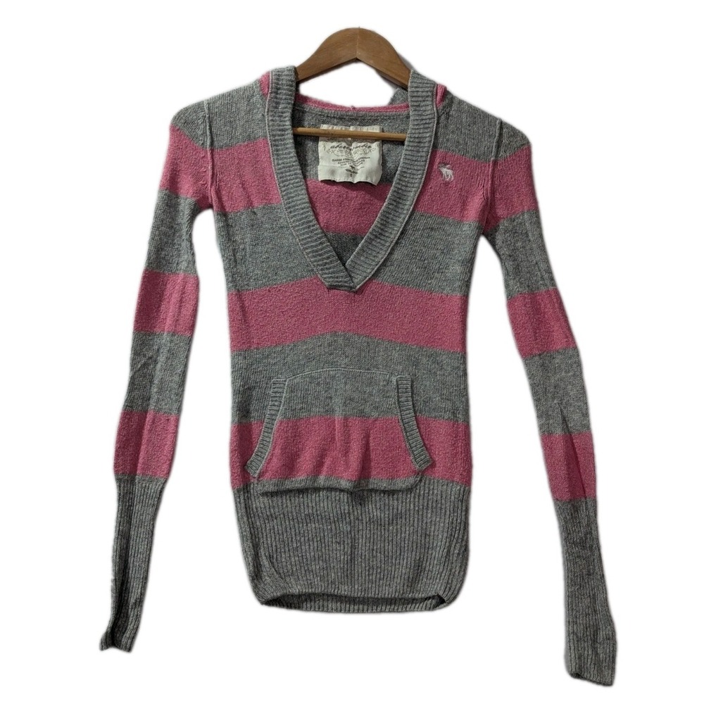 Abercrombie Y2K Gray Pink Stripe Hoodie Sweater‎ Women's Small Rabbit Hair Blend
